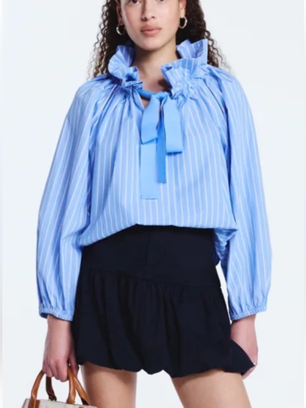 FREE ASSEMBLY Light Blue Striped Ruffle Tie-Neck Blouse Poplin Cotton Top Size M